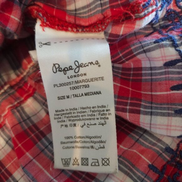 Pepe Jeans London Top Medium Marguerite Red Check Embroidered Western Prairie - Picture 8 of 9